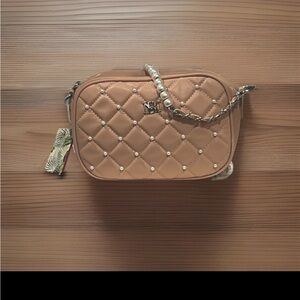 Badgley Mischka Tan pearl studded Quilted Women's bag